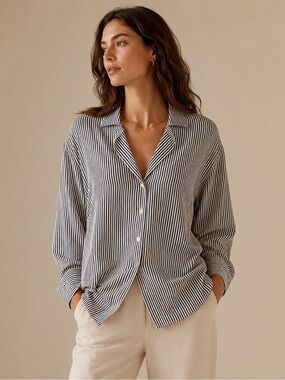 Things Between Navy & White Striped Oversized Button Down Shirt | Coastal Chic L